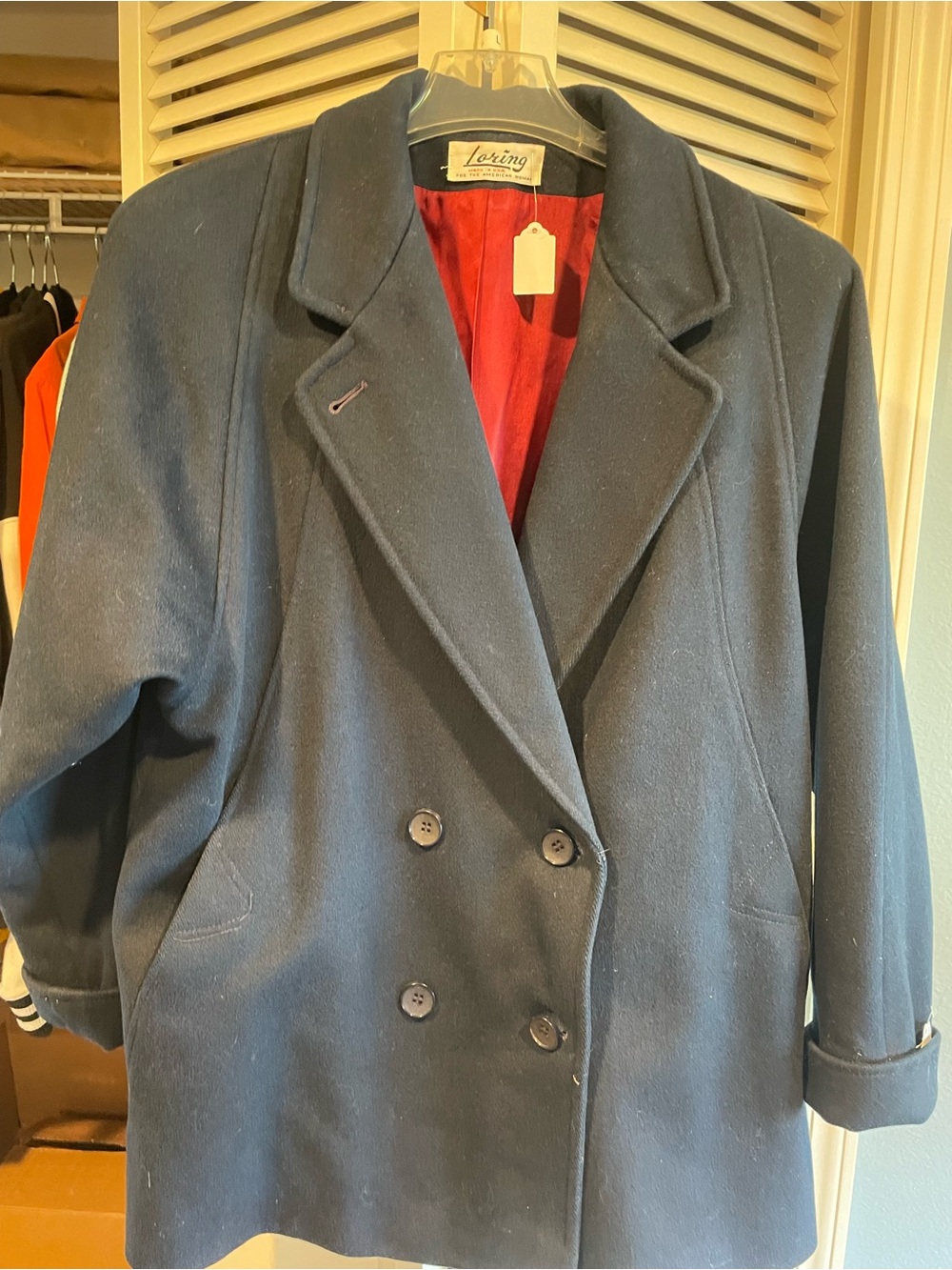Vintage Loring Double-Breasted Navy Pea Coat with Red Lining - 100% Worumbo Wool